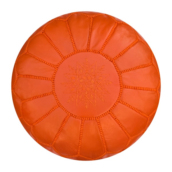 Artisanal Moroccan Leather Pouffe - Handmade - Delivered stuffed - Ottoman, footstool, floor cushion (Orange)