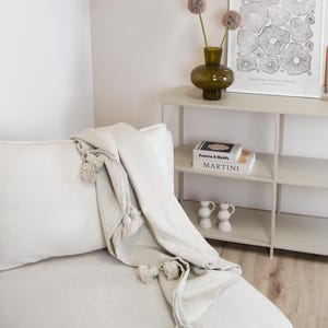 Pompom Decke - 100% Baumwolle und Wolle - Weiß Creme- Tagesdecke, Überwurf, marokkanische Bettwäsche