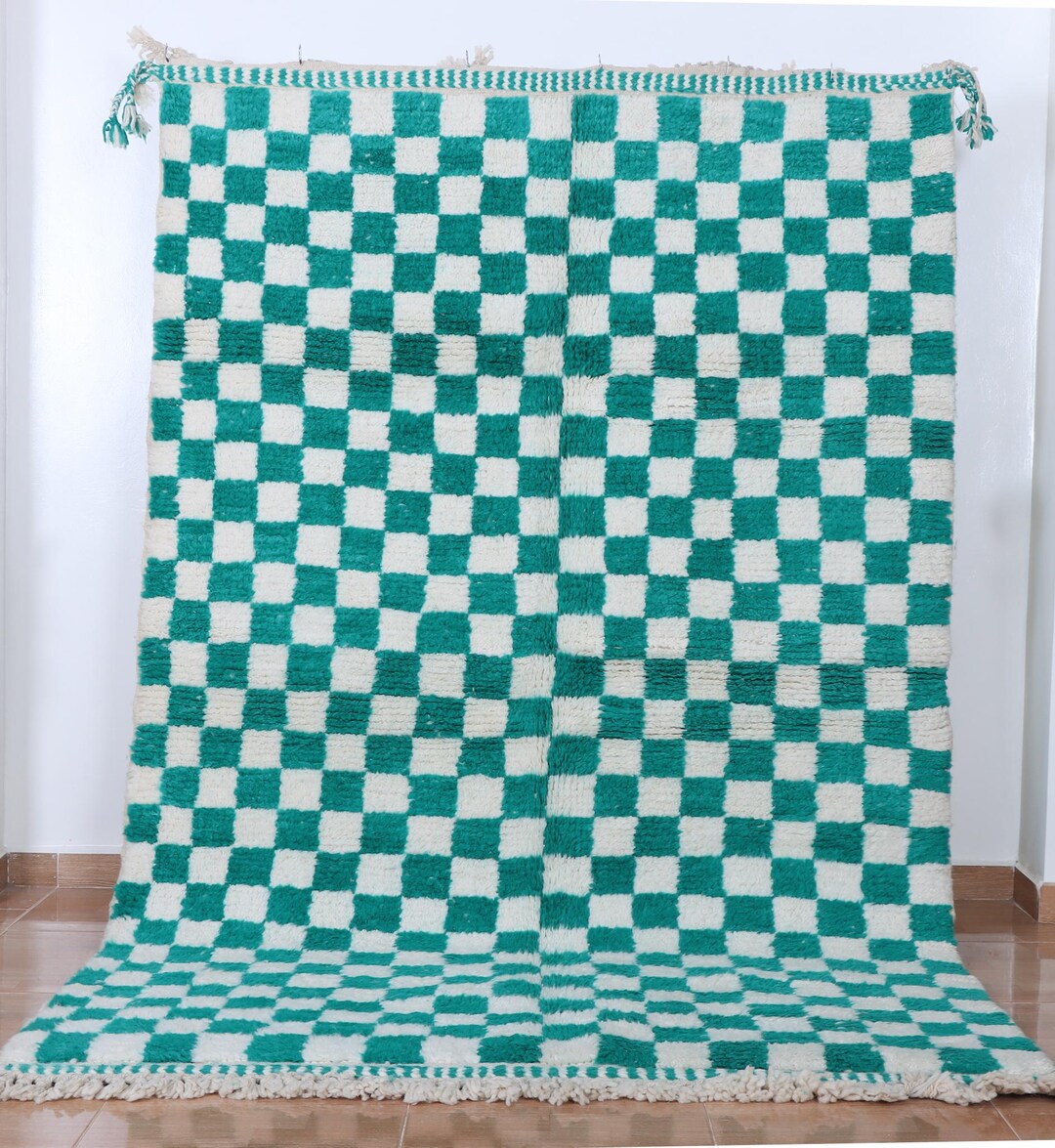 Original Berber Rug Checkered Persian Green - Handwoven Carpet 100% ...