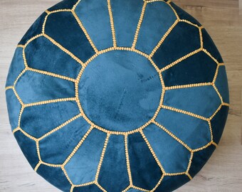 Pouf rond en velours turquoise et jaune - Coussin de sol Ottoman en velours Pouf scandinave moderne Coussin fait main