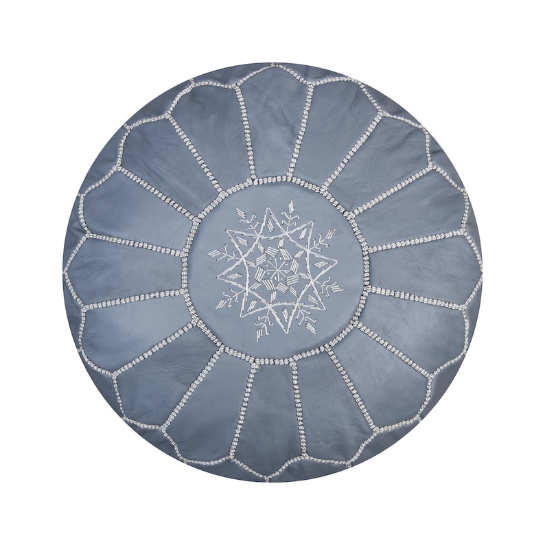 Artisanal Moroccan Leather Pouffe Handmade Delivered stuffed Ottoman, footstool, floor cushion Grey image 1