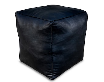 Premium Square Leather Pouf XL - Black - Delivered Stuffed - Ottoman, Footstool, Floor Cushion