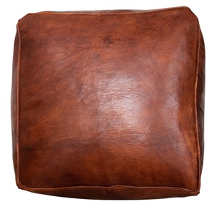Quadratischer Leder Pouf Cognac Braun Handgefertigt gefüllt geliefert Ottoman Sitzsack Fußhocker Bild 3