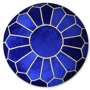 Velvet Pouf Round Blue and Yellow - Floor Cushion Velvet Ottoman Scandinavian Pouffe Modern Handmade Cushion
