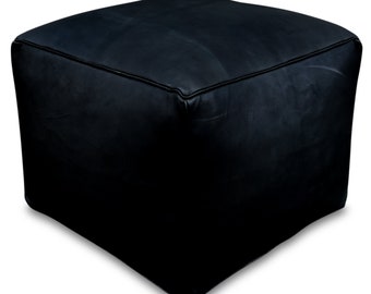 Premium Square Leather Pouf Black - Delivered Stuffed - Ottoman, Footstool, Floor Cushion