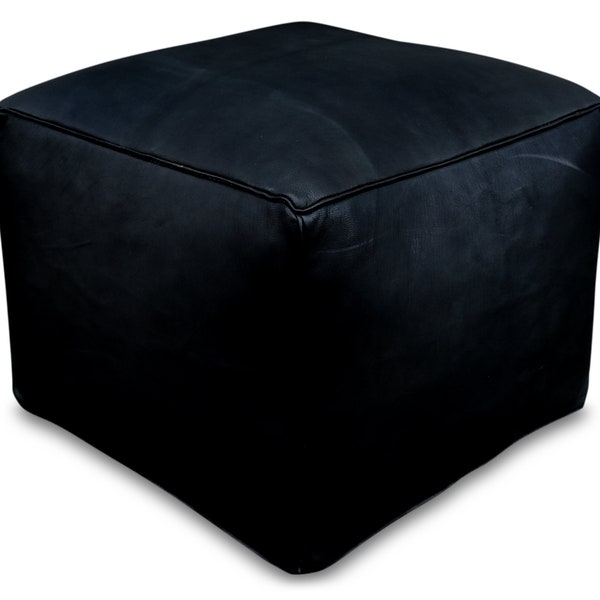 Premium Square Leather Pouf Black - Delivered Stuffed - Ottoman, Footstool, Floor Cushion