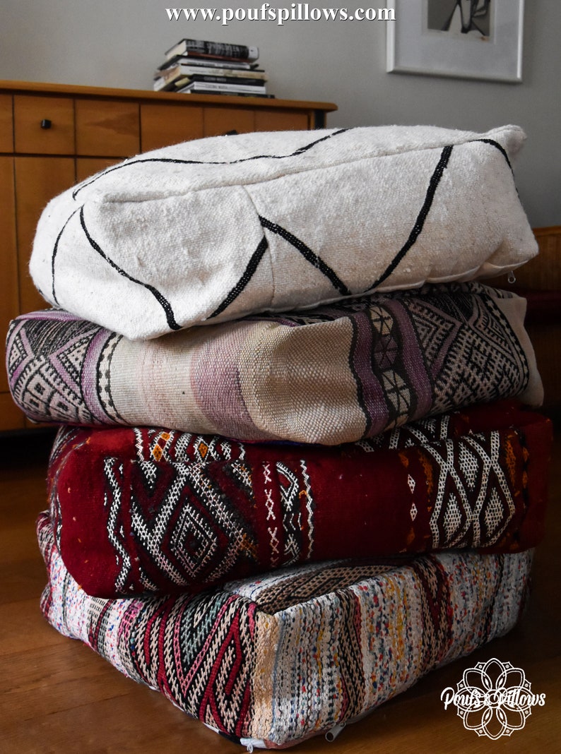 100/% Wool and Cotton Multicoloured K158 Handwoven Vintage Berber Kilim Pouf