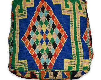 Moroccan Berber Kilim Pouf - 100% Wool and Cotton - Handwoven - Vintage Blue K718
