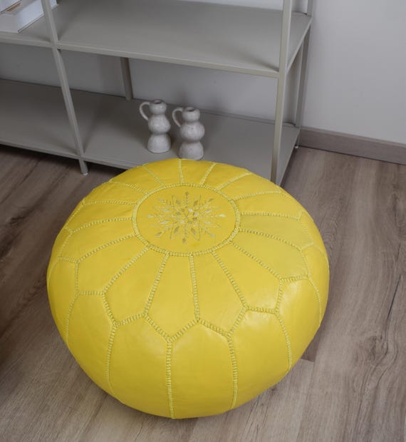 Premium Echt Leder Pouf - Gelb - Handgefertigt - Gefüllt geliefert - Ottoman, Sitzsack, Fußhocker, Polsterhocker