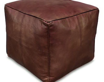 Pouf quadrato premium in pelle marrone - Consegnato imbottito - Pouf, poggiapiedi, cuscino da pavimento