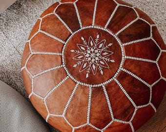 Moroccan leather Pouffe - Handmade Brown Leather Footstool | Authentic Moroccan Pouf Ottoman