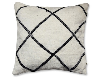 Berber Cushion Cover Square Beni Ouarain- Handmade - 100% Wool and Cotton - 40x40 cm