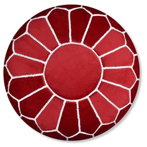 Velvet Pouf Round Red and White Floor Cushion Velvet Ottoman Scandinavian Pouffe Modern Handmade Cushion