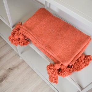 Pompom Blanket - 100% Cotton and Wool - Orange - Bedspread, Moroccan Throw, Moroccan Bedding