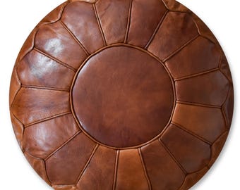 Leather Pouf XL Honey Brown - Delivered Stuffed - Ottoman, Floor Cushion, Scandinavian leather pouffe modern