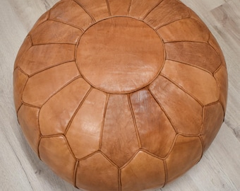 Handmade XL Pouf Leather Ottoman – Natural Brown Footstool, Stuffed Moroccan Floor Cushion, Premium Boho Home Décor