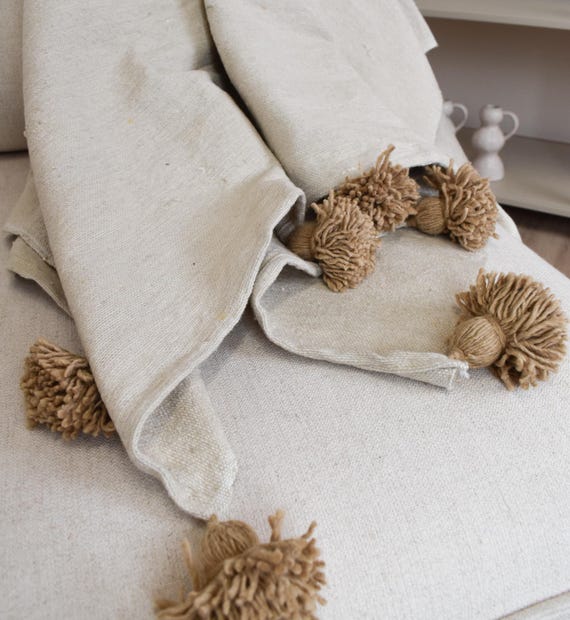 Pompom Blanket 100 Cotton and Wool Creme With Beige Pompom Bedspread Throw Moroccan Bedding Etsy