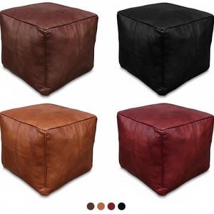 Premium Square Leather Pouf Black - Delivered Stuffed - Ottoman, Footstool, Floor Cushion