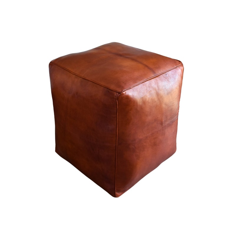 Premium Square Leather Pouf Honey Brown Delivered Stuffed Ottoman, Footstool, Floor Cushion image 1