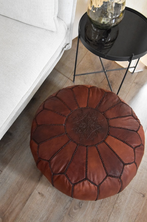 本革クッション・毛付き・ブラウンレザーオットマン・プフ 本革