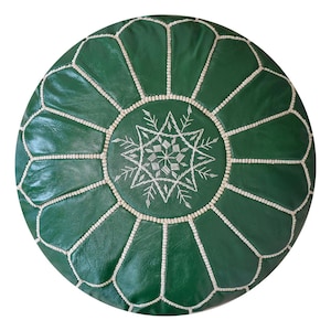 Artisanal Moroccan Leather Pouffe - Handmade - Delivered stuffed - Ottoman, footstool, floor cushion (Green Olive)