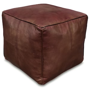 Premium Square Leather Pouf Brown - Delivered Stuffed - Ottoman, Footstool, Floor Cushion