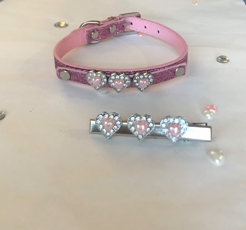 pearl pink white heart silver diamant\u00e9 silver hair slide clip with pink red glitter heart dog cat puppy kitten pet collar size xssmall