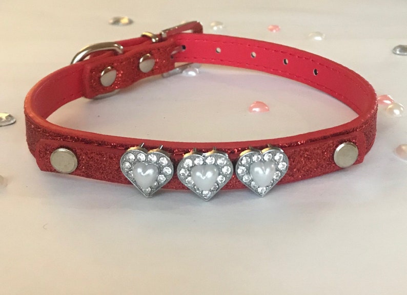 pearl pink white heart silver diamant\u00e9 silver hair slide clip with pink red glitter heart dog cat puppy kitten pet collar size xssmall
