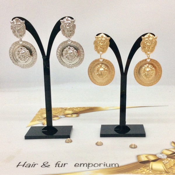 Gold  coin   lion head pierced clip on earring  drop dangle pierced earring clip on  animal earrings gold lion earrings lion head earring