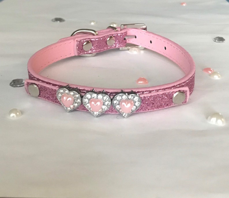 pearl pink white heart silver diamant\u00e9 silver hair slide clip with pink red glitter heart dog cat puppy kitten pet collar size xssmall