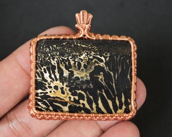 Dendritic Jasper Copper Pendant: Wire Wrapped Opalized Wood