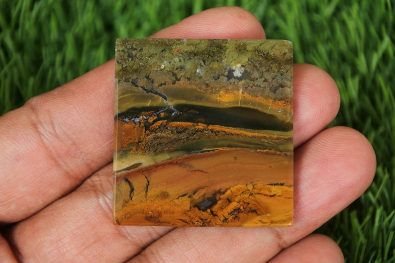 May include: A square, polished, multi-coloured gemstone with brown, yellow, green, and black banding. The gemstone has a smooth, polished surface.