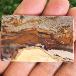 May include: A rectangular stone with a polished surface, showcasing a natural pattern of brown, orange, white, and gray hues. The stone is held in a hand, highlighting its size and texture. This item is likely a decorative element or a piece of jewelry.