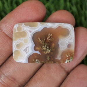 Könnte beinhalten: Ein polierter Achat-Cabochon mit einem weißen, braunen und orangefarbenen Farbmuster. Der Achat hat ein dendritisches Muster in der Mitte.