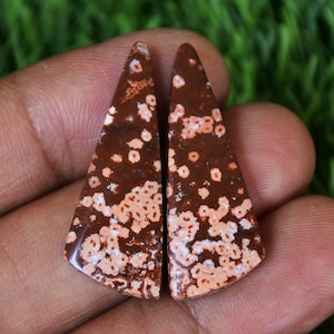 May include: Pair of brown and white speckled teardrop shaped cabochons. The cabochons have a speckled pattern of white and light brown on a dark brown background.