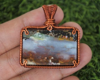Scenic Opalized Petrified Wood Pendant: Wire Wrapped Copper, Blue Gemstone