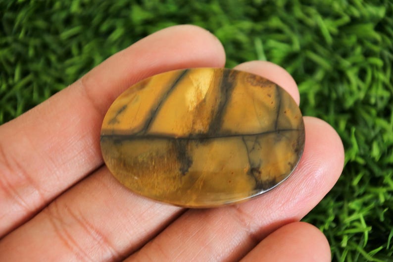 May include: Oval-shaped gemstone in shades of yellow and brown, with dark brown veining. The stone is held in a hand, set against a green backdrop. The gemstone's dimensions are approximately 4 cm in length.
