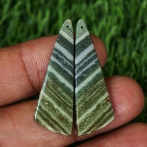 Puede incluir: Dos piedras preciosas triangulares y rayadas. Las piedras presentan bandas alternas de tonos verdes, blancos y beiges. Cada piedra tiene un pequeño agujero en la parte superior, lo que sugiere que están diseñadas para la fabricación de joyas. Las piedras se sostienen sobre un fondo de hierba verde.