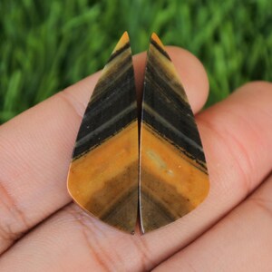 May include: A pair of teardrop-shaped cabochons with a black and yellow banded pattern. The stones are approximately 2.5 cm long and 1.25 cm wide.