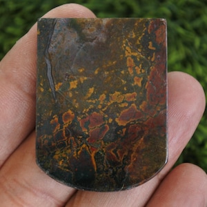 以下が含まれることがあります： 丸みを帯びた下端を持つ長方形の宝石。石は、濃い緑、茶色、赤、黄色などの色の混合物と大理石模様が特徴です。石は手で持たれています。