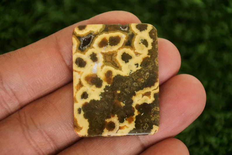 May include: A rectangular gemstone with a unique pattern of brown and yellow spots and swirls. The stone is held in a hand, showcasing its polished surface and natural colors. The gemstone is a decorative item.