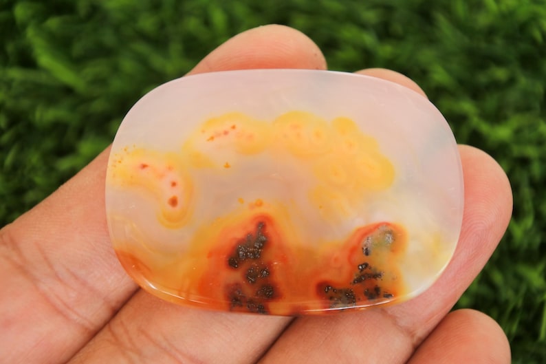 Pode incluir: Uma pedra preciosa polida, de formato oval, com base transl&uacute;cida. A pedra apresenta padr&otilde;es em espiral de tons laranja, amarelo e vermelho, com manchas escuras. A pedra preciosa &eacute; segurada em uma m&atilde;o contra um fundo verde desfocado.