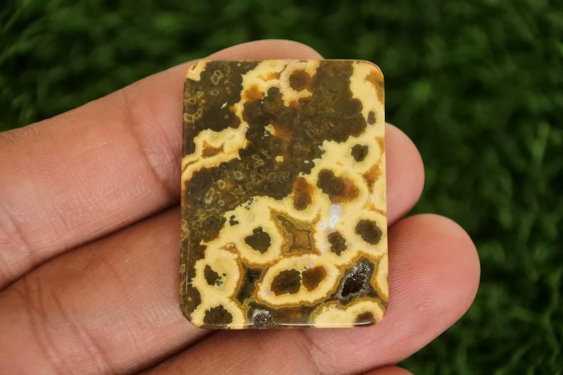 May include: A rectangular gemstone with a unique pattern of dark brown and yellow-beige spots and swirls. The stone is held in a hand, showcasing its polished surface and natural variations. The gemstone is likely used for jewelry or decorative purposes.