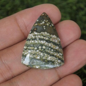 May include: A triangular gemstone with a unique pattern of green, brown, and white. The stone has a polished surface and a natural, organic appearance. The colors and patterns create a striking visual effect, making it suitable for jewelry or decorative purposes.
