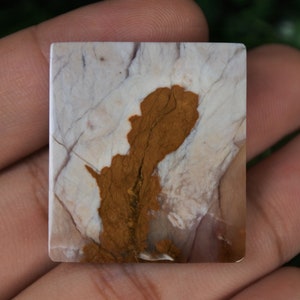 May include: A rectangular stone with a natural pattern. The stone features a mix of white, tan, and brown colours, with a prominent brown, tree-like shape in the centre. The stone has a polished surface and is held in a hand.