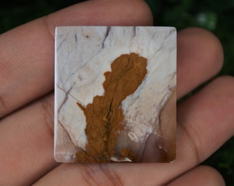 May include: A rectangular stone with a natural pattern. The stone features a mix of white, tan, and brown colours, with a prominent brown, tree-like shape in the centre. The stone has a polished surface and is held in a hand.