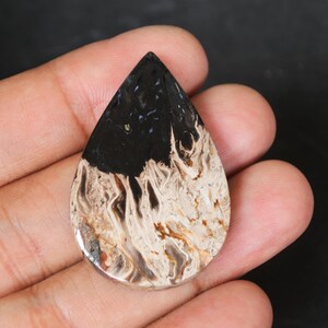 May include: A teardrop-shaped pendant made of black and white agate with a swirling pattern. The pendant is about 2 inches long and is held in a hand.