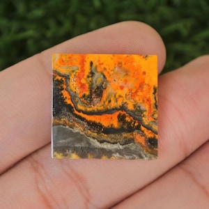 May include: A square, polished, yellow, orange, and black bumblebee jasper cabochon. The stone has a swirling pattern of colours.