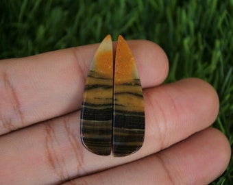 Könnte beinhalten: Zwei tropfenförmige Cabochons aus gebändertem Achat mit braunen, schwarzen und gelben Streifen. Die Cabochons sind etwa 5 cm lang und werden in einer Hand gehalten.