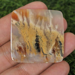 May include: A square-shaped agate cabochon with a white, brown, and black pattern. The agate has a translucent appearance and features a variety of colors and textures.